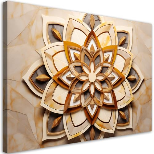 Feeby Bilder Blume Mandala AI 90x60 cm 1 tlg Modern Leinwandbilder Bild auf Leinwand Kunstdruck Wand Bild Wanddeko Design Schlafzimmer Büro Flur Hotel Spa Wohnzimmer Ornament Spa Zen Lotus Beige