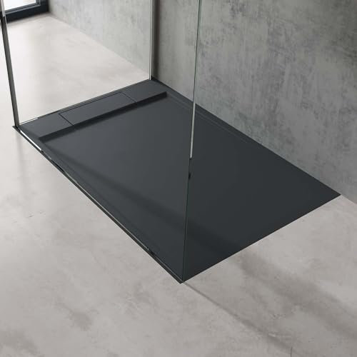 doporro Duschtasse Duschwanne 80x120x4 flach Mineralguss in Anthrazit DIN-Anschlüsse für bodenebene Montage geeignet Geoma04