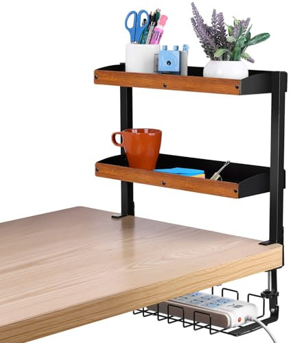 Desktop Shelf Organiser with Cable Tray -3 Tier Desk Storage Organiser Shelf with Cable Management Tray under Desk, Desk Cable Tidy (Wooden Texture)