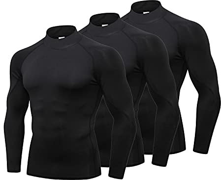 LANBAOSI Lot de 3 t-shirts de compression pour homme - Col montant - T-shirt fonctionnel à manches longues pour homme - T-shirt de fitness respirant - T-shirt de course pour la course à pied, le
