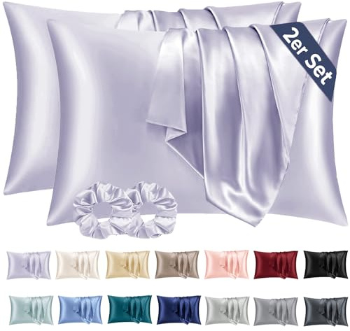 Vielit 2er Set Satin Kissenbezug 50x70 Lila, Weich wie Seidenkissenbezug,Bessere Pflege als Silk Pillosecase,Satin Kopfkissenbezug 50x70 Kissenhülle für Haar und Haut mit 2 Haargummis