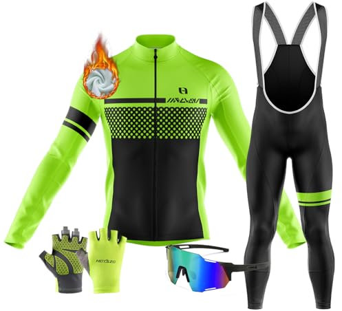 Winter Cycling Jersey Mens Long Sleeve Set Thermal Fleece Bike Shirt bib Cycling Trousers Suits Cycling Clothing,9D Gel Padded Bib Pants+Goggles Gloves (TYP-2,XXL)