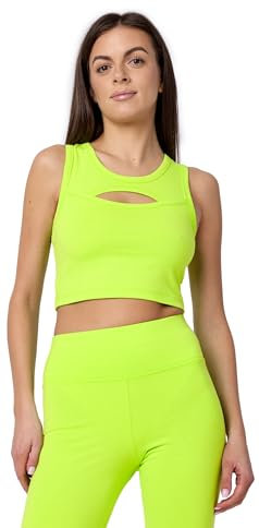 Bellivalini Sport Oberteile Damen Crop Top Neon für Gym Yoga Fitness Laufen mit Ausschnitt Vorne Spot-BH BLV50-324 (Neon Gelb, S)