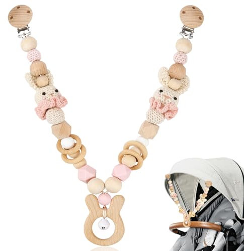Kinderwagenkette Holz für Mädchen Junge Kinderwagen Spielzeug Mobile Kinderwagen Accessoires Kette für Babys Montessori Neugeborenen Spielzeug Baby Kinderwagenspielzeug für Babyschale (Kaninchen)