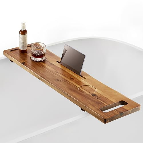 Tinamo Akazien-Badewannen-Caddy Tablett Tisch | 99 x 9,75 x 2,5 Zoll großes Badewannen-Tablett aus Holz | Kippsichere, nachhaltige Badewannenablage für Badewanne | Badewannenzubehörhalter für