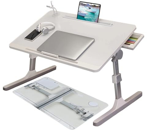 HshDUti Folding Lap Desk Laptop Stand for Bed, Foldable Laptop Bed Table with Tablet Slot, Height & Angle Adjustable Laptop Desk for Lap, Bed Tray Table with USB Charge Port, USB Light and Fan white