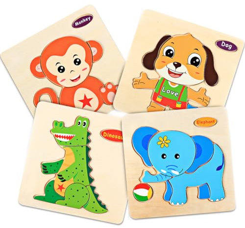 Holzpuzzle, Montessori Pädagogisches Lernspielzeug Set, 4 Stück Steckpuzzle Holz Montessori Spielzeug für Baby, Tier Holzpuzzle Puzzle für ab 1 2 3 4 Jahre Mädchen Jungen Geschenk