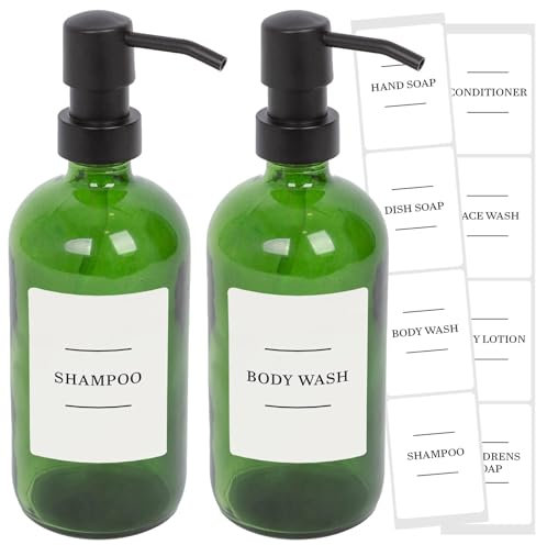Harbour Housewares Glass Soap Dispensers with Labels - Green/White - 2 Pack - 500ml Refillable Soap Dispensers Hand and Dish Liquid Pump for Bathroom, Kitchen, Laundry Room