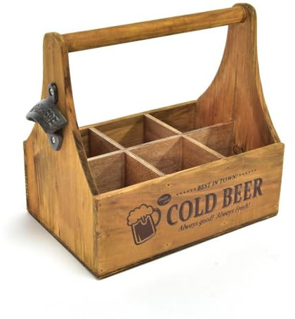 Generico Cestello in legno portabottiglie o bicchieri di birra con apribotiglie integrato