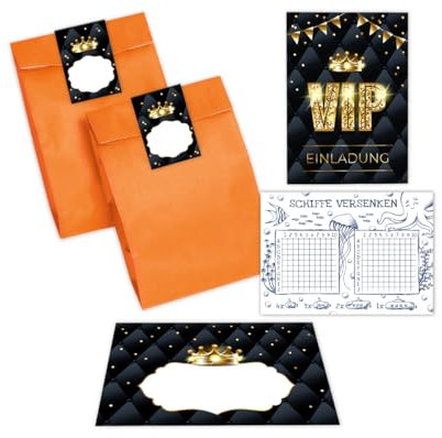 12 Einladungskarten incl. 12 Umschläge zum Geburtstag Hochzeit Jubiläum Kindergeburtstag VIP Disco Jungendliche Erwachsene incl. 12 Umschläge, 12 Tüten/orange, 12 Aufkleber, 12 Schiffe versenken