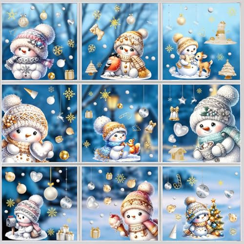 AivaToba 9 Pezzi Decalcomanie Finestra Natale Pupazzo di neve Fiocchi di neve Natale Decorazione Finestra Riutilizzabile Autoadesivo Pvc Statico Film Finestra