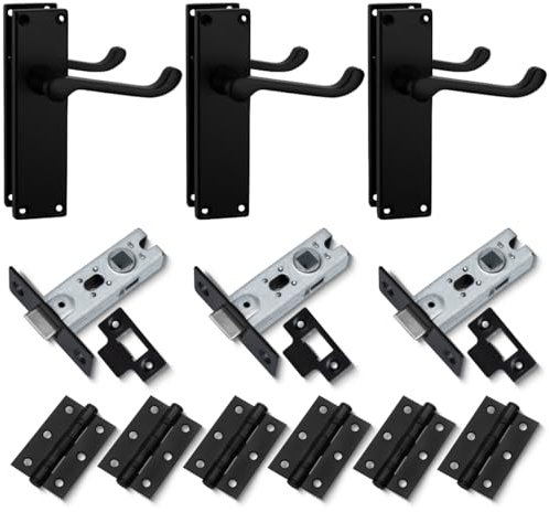 Bwintech 3-Set VACTORIAN Black Door Handle Set, Complete with Door Handle, 65 mm Steel Latch Bolt and 75 mm Ball Bearing Hinge, for Interior Wooden Doors.
