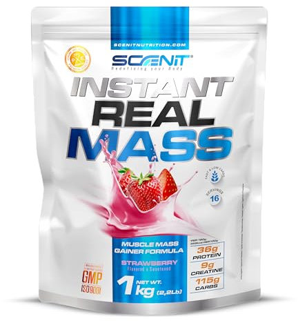 Instant Real Mass - 1 kg - Gainer Prise de Masse - Gainer Mass - Proteine mass gainer - Mass Gainer - Weight Gainer - Proteine Gainer - Gainer avec Creatine (1 kg, Fraise)