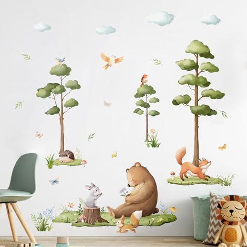 Decvictor Wandtattoo Waldland Tier Wandaufkleber Bär Fuchs Großer Baum Wandsticker Kinderzimmer Babyzimmer Jungenzimmer Mädchenzimmer Wanddeko