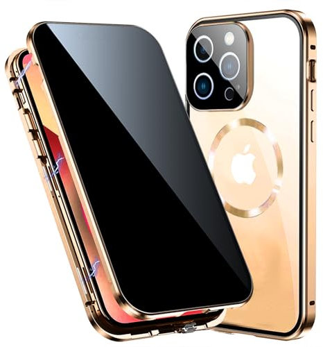 TOPF&B Magnetic Case for iPhone 16 Pro Max Privacy Cover,360 Degree Full Cover Built-in Privacy Screen Protector and Camera Protector[Compatible MagSafe],Metal Bumper Case for iPhone 16 Pro Max,Gold