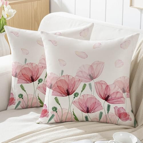 Jayusaror Kissenbezug 45x45 Frühling Rosa Blumen Blätter Outdoor Sofakissen Landhausstil Kissenhüllen Dekokissen Kissen Couchkissen Kissenbezüge Zierkissenbezug Garten Sofa Deko，2er Set