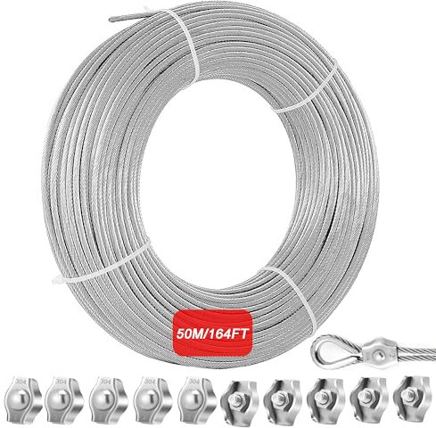 Eachans 2mm 50m Edelstahl Drahtseil, Ummantelt Stahlseil mit 10 Drahtseilklemme für Kletterpflanzen, Wäscheleine, Gardinenseil, 304 Edelstahlseil für Hängeleuchten, Lichter & Outdoor Anwendungen