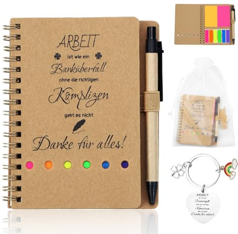 BHHTBB Abschiedsgeschenk Kollegen Jobwechsel Abschied Kollegin Abschiedsgeschenke für Kollegen Set Inklusive Notizbuch und Schlüsselanhänger, Arbeit Ist Wie Ein Banküberfall