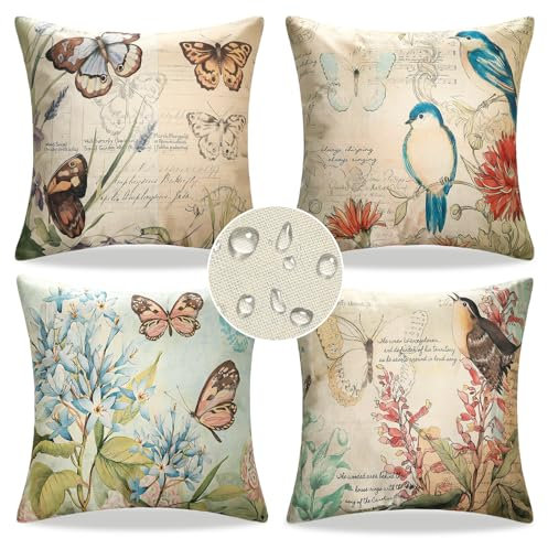Wasserdicht Kissenbezug Outdoor Sofakissen Dekokissen Modern Kissenbezüge Dekorativ Kissenhülle Deko Blumen Kissenbezug Leinen-Optik für Garten Sofa Wohnzimmer Bett 40x40 cm