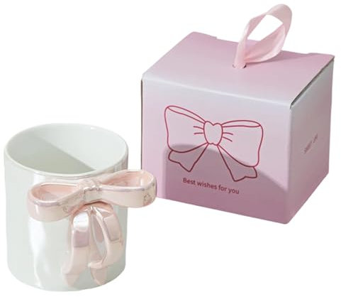 Huipalon Charming Pink Bow Mug for Women Ceramic Coffee Mug with Pink Bow Handle 350ml Large Bow Cup