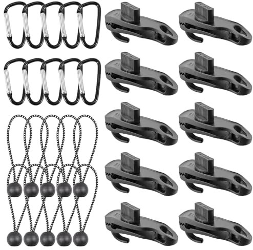 Planenclips Set, 10 Stück Schwarz Planenspanner Clips mit Haken, mit 10 Stück Spanngummis mit Kugel und 10 Stück Karabiner, Planenbefestigung Clips für Zelt, Markisen, Abdeckungen, Camping (Schwarz)