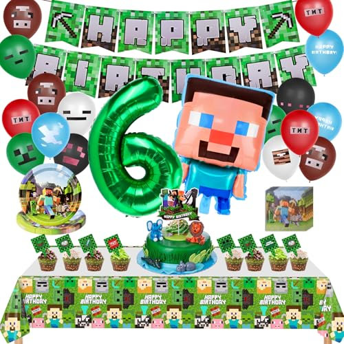 Kit de Décoration de Fête d'Anniversaire Pixel, 107 Pièces Kits de Fête D'anniversaire à Thème, Bannières d'Anniversaire, Assiettes, Mouchoirs, Nappes, Ballons, Decoration Gateau, 6 Ans
