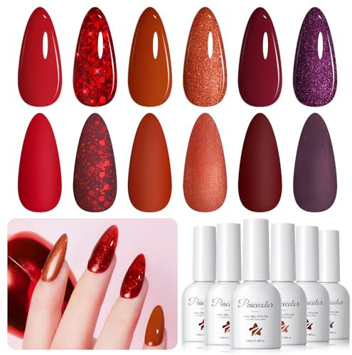 PEACECOLOR Gel Nail Polish Set- 6 Colours Burgundy Red Glitter Gel Polish Set 10ML Soak Off Nail Art Set DIY Manicure Salon and Home