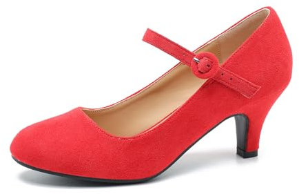 Women's Vintage Mary Jane Shoes Dress Comfortable Low Kitten Heels Ankle Strap Closed Round Toe Office Work Wedding Pumps, Red Suede, 4 UK