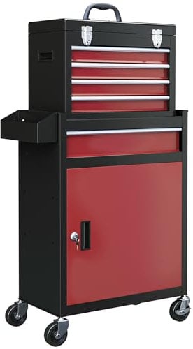 HOMCOM Carro de Herramientas con 5 Cajones y Cerraduras Carro de Taller con Ruedas Caja de Herramientas de Acero con Puerta Extraíble para Taller Garaje Negro y Rojo