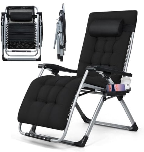 Warmiehomy Zero Gravity Chairs Folding Garden Recliner Chair with Cushion, Headrest Adjustable Sunlounger Chair with Cup Holder Wide Reclining Bedchair for Garden, Beach, Patio, Camping