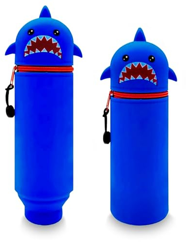 Kaishuai Federmäppchen Silikontasche Stifte,Stand Up Federmäppchen Hai Durchmesser 6,5 cm, Höhe 22 cm,Tischstifthalter für Buntstifte,Marker,Füllfederhalter Kleiner Organizer für Schreibwaren(Blau)