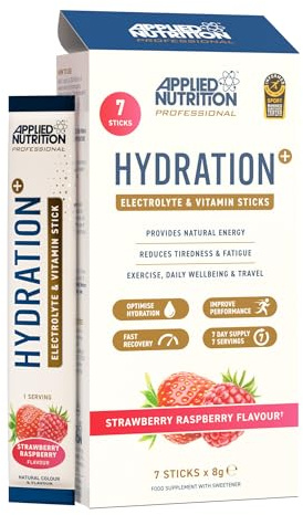 Applied Nutrition Hydration+ Sachets | Electrolyte Powder Mix | Rapid Hydration, Vitamins & Energy | Sugar-Free & Vegan | Strawberry & Raspberry | 7 x 8g Sticks