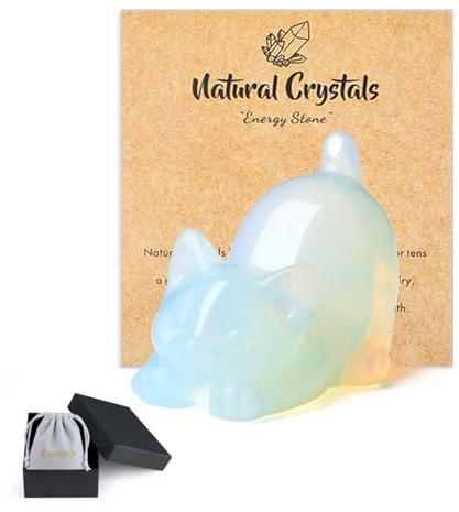 QINJIEJIE Opalite Crystal Cat Ornaments Cat Gifts for Women | Good Luck Cats Themed Statue Home Office Desk Decor, Spiritual Crystal Gifts for Lovers Men Christmas Presents
