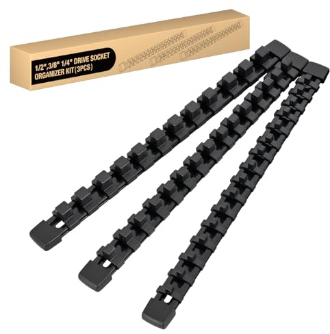 GOOACC Socket Organizer ABS Socket Holder Set 1/4 3/8 1/2 Drive Socket Rail Holders Stores up 43 Clips Impact Sockets Organizers Rails for Tool Box Drawer, 3 Piece Black