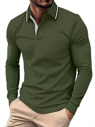 SwissWell Herren Poloshirt Langarm Atmungsaktives Golf Polo T-Shirt Leichtes Polohemd für Outdoor Sport & Business Casual Militärgrün XL