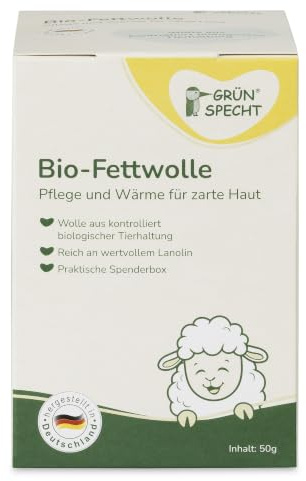 GRÜNSPECHT Bio-Fettwolle, 50g Schurwolle, Lanolin, natürliche Pflege | Für Babyhaut & Brustwarzen, aus kontrolliert biologischer Tierhaltung, Spenderbox, Made in Germany