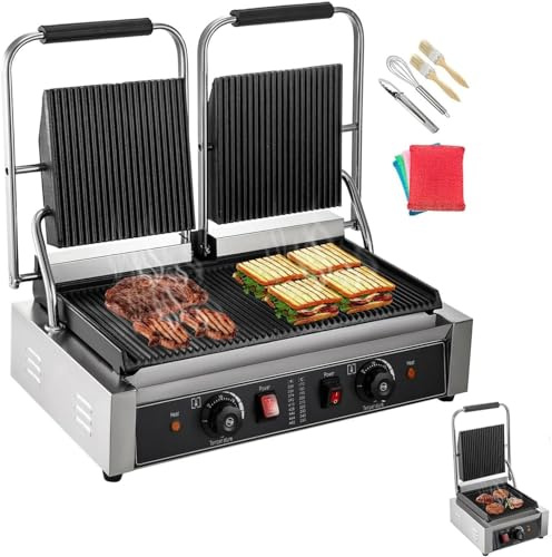 Electric Contact Grill, Commercial Pancake Maker for Outdoor Cooking, Ideal for Sandwiches, Steak, and Meats with Flat and Wave Plates