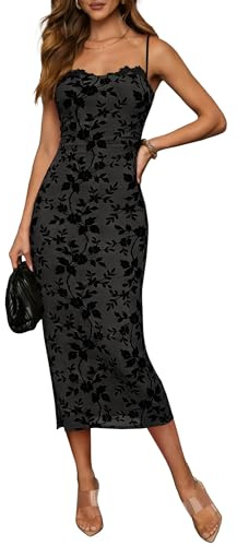 ANRABESS Women’s Semi Formal Midi Dress Flocked Floral Spaghetti Strap Bodycon Cocktail Wedding Guest Party Dresses Black Small