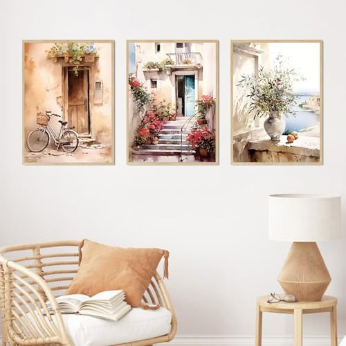 Tiuqffren 3er Poster Set, Frühling Wandbilder Wohnzimmer, Vintage Mediterrane Landschaft Kunstdruck Leinwandbild Bilder für Schlafzimmer, Ohne Rahmen (50x70cm)
