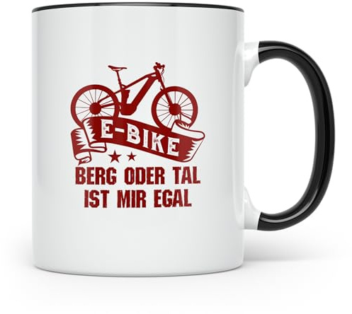 E-Bike Tasse mit Spruch Berg oder Tal ist mir egal, Geschenk für Radfahrer, E-Mountainbiker, Pedelec Fans, Kaffeetasse für Radtour & Büro (Schwarz)