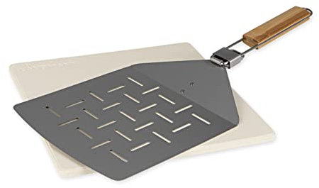 LANDMANN Selection Pizza-Set | Pizzastein ideal für Pizza & Brot etc. | Klappbarer Pizzaheber aus Edelstahl mit Bambusgriff | Für Holzkohle-, Gasgrill und Backofen geeignet [Pizzastein aus Cordierit]