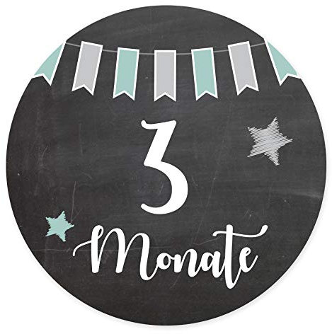 in due 12 Baby Meilenstein Aufkleber/Sticker ‚Tafel & Wimpelgirlande‘ 6cm – Geschenkidee zur Schwangerschaft, Geburt oder Babyparty Milestone für Mädchen und Jungen