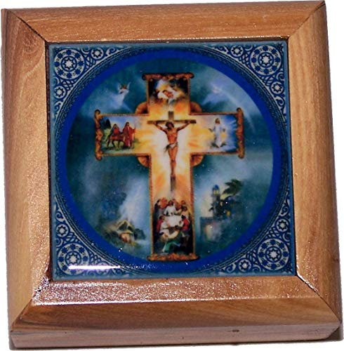 Holy Land Market Box für Erstkommunion, Rosenkranz, Bethlehem Olivenholz, Keramik, Kreuzigung