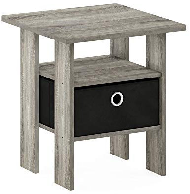 Furinno Andrey Side Table, Nightstand with Bin Drawer, French Oak/Black