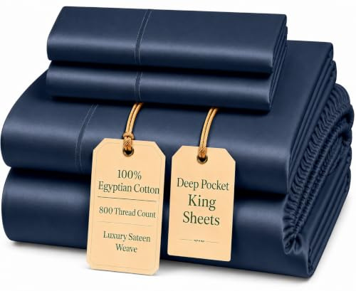 CHATEAU HOME COLLECTION King Size Sheets - Dark Denim, 800 Thread Count 100% Egyptian Cotton, 4 Piece Set (1 Flat Sheet, 1 Fitted Sheet, 2 King Pillowcases) | 800 Thread Count Sateen Weave Egyptian Cotton Sheets For King Size Bed, Soft, Breathable & Cooling Sheets, OEKO-TEX Certified