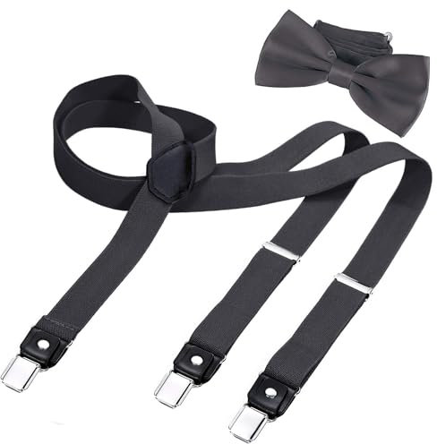 DonDon Hosenträger und Fliege Set für Damen und Herren, Y-Form, 2,5 cm breit, handgefertigt - Elegantes Accessoire für Hochzeit, Party, Smoking, Grau