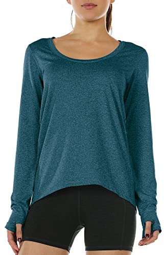 icyzone Damen Laufshirt Langarm Sport Shirt Atmungsaktive Langarmshirt Fitness Top Oberteil mit Daumenloch (L, Navy Blau)