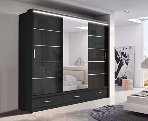 Texas Modern 2 or 3 Mirror Sliding Door Wardrobe 4 Colours 6 Sizes (Black, 250cm)