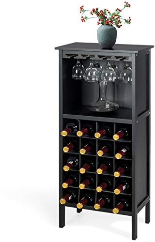 GOPLUS Casier à Vin, avec 20 Emplacements et Porte-gobelet, Étagère à Bouteille en Pin 42 x 24,5 x 96 CM pour Cave, Collier, Cuisine, Salon, Chambre (Noir)