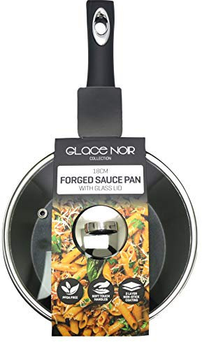 Daewoo CKW2273 Glace Noir 18cm Forged Black Saucepan with Glass Lid and Ceramic Non-Stick Coating, Suitable for Gas, Electric and Induction Cooking, Sturdy Handle with Chrome Insert, Aluminium